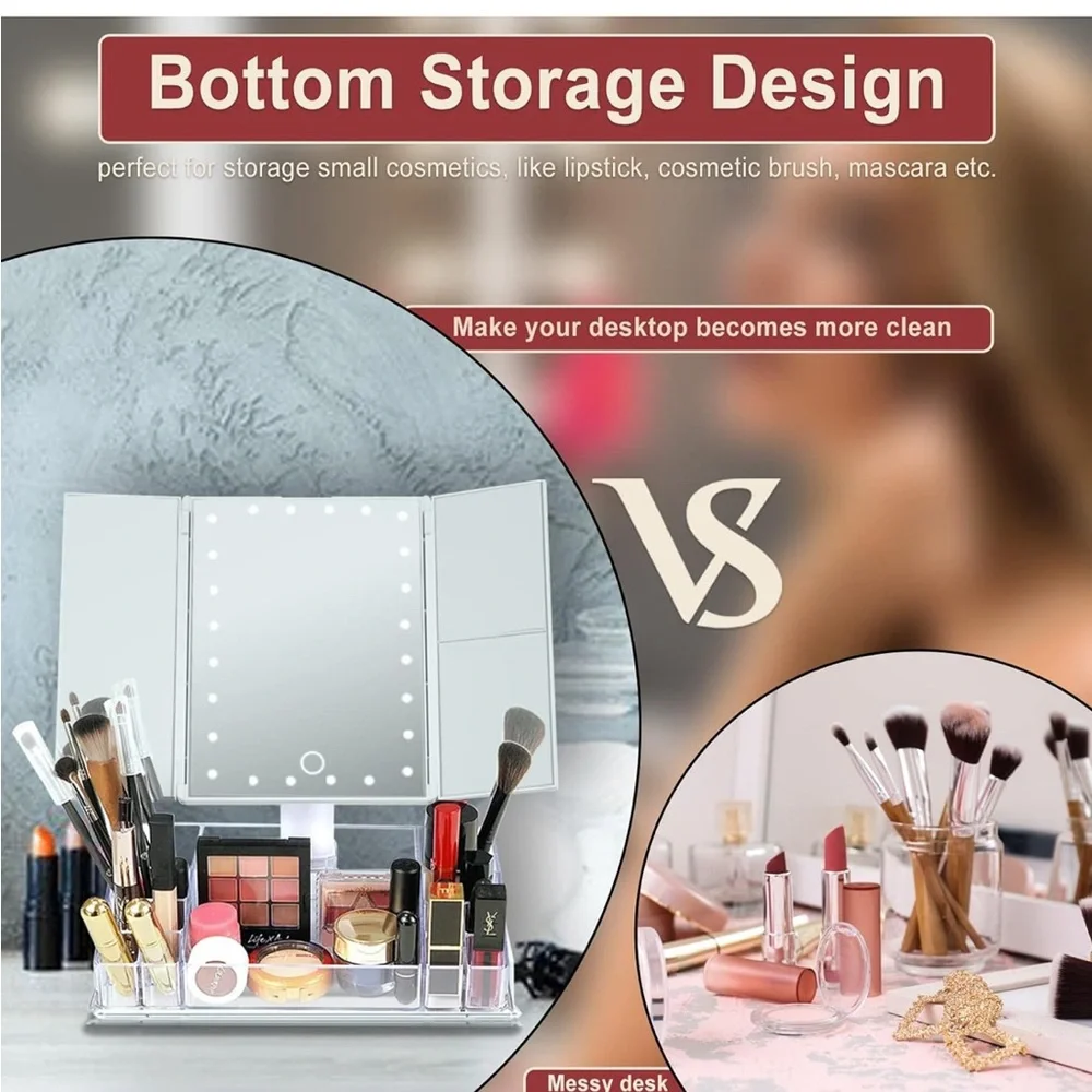 Tri-Fold 3x/2x Mag Cosmetic Vanity Mirror🪞w 24 Led Light💡Touch Screen&Storage